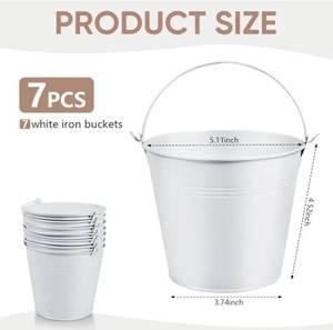 lot 57582 image: 7 Pack White Metal Buckets with Handle Galvanized Ice Pails for Plants, Succulents, Party Favors Organizing, Rustic Home Decor or Classrooms Pencil Storage (5.1 x 3.6 inch) - Retail $22