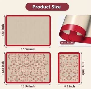 lot 57586 image: Macaron Silicone Baking Mats, 3 PCS Non Stick Macaroon Mat Silicone for Macarons, Cookie, Pastry, Red2 half sheets, 1 quarter sheet - Retail $8