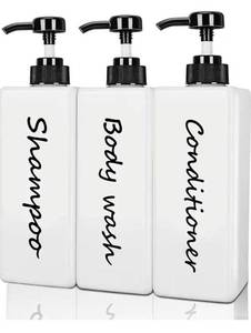 lot 57599 image: Shampoo and Conditioner Dispenser (Set of 3, 21oz) Modern Refillable Shampoo Pump Bottles for Shower Soap - Empty Body Wash Dispenser Set for Bathroom - Retail $16