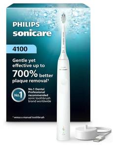 lot 57602 image: Philips Sonicare 4100 Series Electric Toothbrush - Sonic Toothbrush with Advanced Sonic Technology, Pressure Sensor, Two Intensity Settings, Smartimer & Quadpacer, White, Model HX368123 - Retail $50