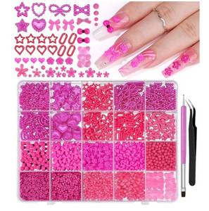 lot 57607 image: 3D Assorted Chunky Nail Charms and Gems Kit, Pearls Bows Heart Star Cute 3D Flowers Rose Bear Macaron Round Beads Embellishments for Nail Art, Craft with Tweezer and Pickup Brush (7-20 Grids-Hot pink) - Retail $6