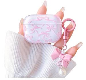 lot 57619 image: Airpods Pro 1st Case Cute Clear Ribbon Bowknot with Lovely Pearl Chain Design for Women Girls Soft TPU Shockproof Protective Cover Case for Airpods Pro 1 - Pink - Retail $10