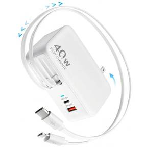 lot 57624 image: Retractable USB C Charger Wall Plug with 35.5in90cm Type C Cables Cords,40W Fast Charging Foldable Block Multi Charger for All Devices for iPhone 171615141312,iPad,Galaxy,Pixel - Retail $29