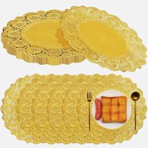 lot 57631 image: 100 Pcs Gold Paper Placemats Disposable Lace Round Paper Placemats Decorative Disposable Placemat Doilies for Dining Wedding Table Decoration Festive Party Birthday Holiday (Gold,12 Inch) - Retail $22