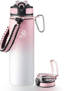 lot 57634 image: Insulated Sports Water Bottle, 24oz 2 Lids(with StrawNo Straw), Stainless Steel Water Bottles with Paracord Handle, Insulated Bottle with Double-Wall Vacuum Insulation - Retail $21