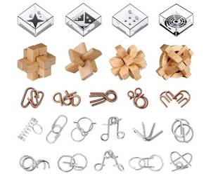 lot 57648 image: 24 Pack Brain Teaser Puzzle Set, Metal & Wooden Puzzles with Balance Challenges, IQ Logic Games and Mind Teaser Toys Party Favors Return Gifts for Kids Teens and Adults - Retail $20