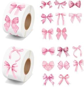 lot 57666 image: Pink Bow Stickers in 2 Rolls - Coquette Bow Stickers Waterproof Watercolor Vintage Sticker for Scrapbook Craft Laptop Bottle Envelope Sealed Card Party Gift - 500Pcs in 1 Rolls with 16 Patterns - Retail $12