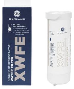 lot 57672 image: GE XWFE Refrigerator Water Filter, Genuine Replacement Filter, Certified to Reduce Lead, Sulfur, and 50 Other Impurities, Replace Every 6 Months for Best Results, Pack of 1 - Retail $55