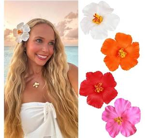 lot 57673 image: 4Pcs Hawaiian Womens Hair Accessories - Artificial Hibiscus and Plumeria Flower Clips for Beach Party, Vacation Favors - Retail $9