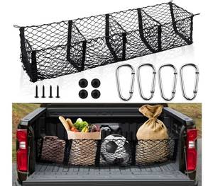 lot 57678 image: Grocery Net for Truck Bed, Heavy Duty 4-Pocket Cargo Net for Pickup Truck, Elastic Stretchable Truck Bed Storage Net Prevents Groceries from Sliding, Universal Fit for SUV F-150 Tacoma Silverado RAM - Retail $21