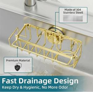 lot 57682 image: 4-in-1 Sink Caddy with Strong Suction Cup, Sponge Holder for Kitchen Sink Organizer, Removable, Rustproof, Stainless Steel Holder for Sponge, Brush, Scrubber, Scraper - Gold - Retail $20