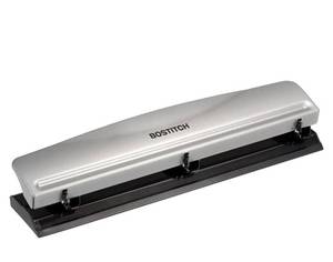 lot 57687 image: Bostitch Office Premium 3 Hole Punch, 12 Sheet Capacity, Metal, Rubber Base, Easy-Clean Tray, Silver - Retail $13