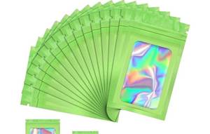 lot 57695 image: 100 Pcs Mylar Bags, Smell Proof Bags Foil Pouch, Holographic Resealable Bags for Small Business, Candy Sample Jewelry Bag Sealable Packaging for Party Favor Food Storage (2.8x3.9in-Green) - Retail $8