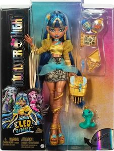 lot 57713 image: Monster High Cleo De Nile Doll in Golden Blouse & Layered Skirt, Includes Pet Cobra Hissette & Accessories Like a Backpack, Snack & Scroll - Retail $27