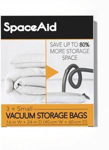 lot 57718 image: Vacuum Storage Bags, Space Saver Sealer Compression Bags for Comforters, Blankets, Pillows, Bedding, Clothes (Small 3 Pack) - Retail $10