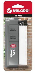 lot 57726 image: VELCRO Brand Extreme Lock Snap Lock Mounting Strips with Adhesive  Heavy-Duty Hook-to-Hook Fasteners, Water & UV Resistant  Ideal for Toll Tags, Cameras, Routers & Signage  4 Sets, 3x1 in, white - Retail $7