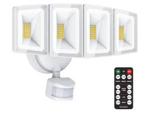 lot 57730 image: 100W 10000LM LED Security Lights Motion Sensor Outdoor, Remote Control 4 Heads LED Flood Light Outdoor, 5000K Daylight, IP65 Waterproof, Bright Motion Detected Lights for Outside Yard - Retail $25