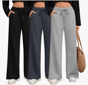 lot 57735 image: 3 Pack Women Wide Leg Sweatpants Drawstring Straight Pants Elastic Waist Joggers Open Bottom Sweatpants with Pockets - Retail $50