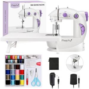 lot 57742 image: Magicfly Mini Sewing Machine with Extension Table, Dual Speed Portable Sewing Machine for Beginners with Light, Sewing Kit for Household Use, White - Retail $47