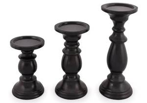 lot 57744 image: Set of 3 Farmhouse Mango Wood Candle Holders, in Black Finish for Table Centerpiece Candle for Any Room Decor. SMALLEST NEEDS CAP GLUED BACK ON. - Retail $25