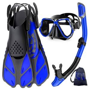 lot 57746 image: Mask Fins Snorkel Set, Snorkeling Gear for Adults, Panoramic View Snorkel Mask Anti-Fog, Adjustable Dive Flippers, Dry Top Snorkel and Travel Bag, Scuba Gear for Swimming Snorkeling Diving - Retail $38