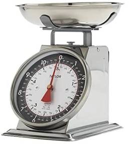 lot 57748 image: Taylor Mechanical Kitchen Food Scale with Bowl, Weighs Up to 11lbs, Measures in Grams and Ounces, Analog Cooking Scale for Baking, Black and Silver - Retail $26