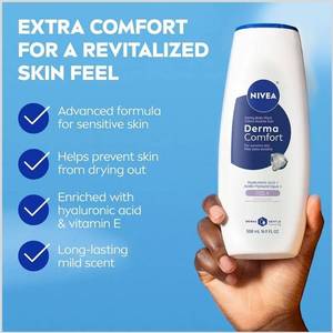 lot 57756 image: NIVEA Derma Comfort Caring Body Wash for Sensitive Skin, Body Wash with Hyaluronic Acid and Vitamin E, 16.9 Fl Oz Bottle - Retail $6