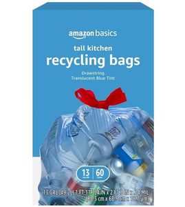 lot 57758 image: Amazon Basics Blue Recycling Drawstring Trash Bags, Tall Kitchen, Unscented, 13 Gallon, 60 Count - Retail $8