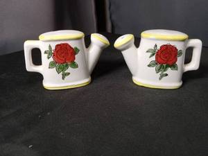 lot 40823 image: Ceramic Rose Pattern Salt and Pepper Shaker Set with Yellow Trim