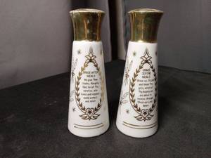 lot 40826 image: Grace Before Meals Salt and Pepper Shakers with Gold Trim