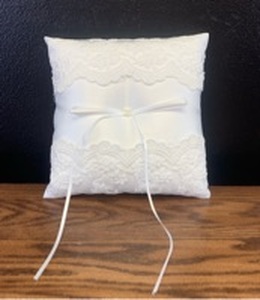 lot 40508 image: White Lace Wedding Ring Bearer Pillow with Ribbon Ties