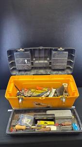lot 40525 image: Yellow Tackle Box with Fishing Tools and Accessories