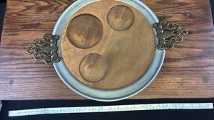 lot 5471 image: Decorative Wooden Serving Tray with Metal Handles