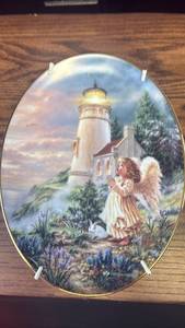 lot 5482 image: Angel at Lighthouse Decorative Collector Plate with Stand