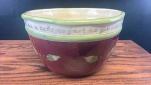 lot 5484 image: Ceramic Mixing Bowl with Decorative Text and Green Trim