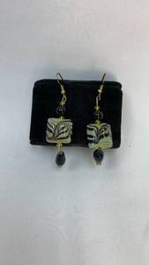 lot 5333 image: Green Swirl Glass Bead Drop Earrings with Black Accents