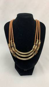 lot 5370 image: Multi-Strand Statement Necklace with Gold Tone Tubes and Leather Cord