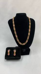 lot 5373 image: Gold Tone Chain Link Necklace and Earrings Set with Pink Crystal Accents