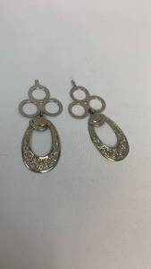 lot 5393 image: Silver Tone Statement Drop Earrings with Ornate Oval Design