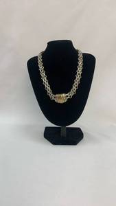 lot 5402 image: Silver and Gold Chain Link Necklace with Greek Key Design