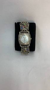 lot 5404 image: Silver Tone Decorative Panel Watch with Multi-Color Stones