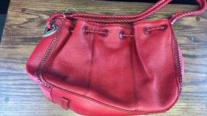 lot 5436 image: Red Leather Drawstring Bucket Bag with Braided Straps