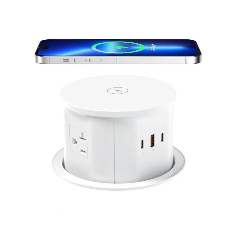 lot 55512 image: 20 Amp Pop Up Countertop Outlet with 15W Wireless Charger, Max 65W Power Delivery,4.75 Pop Up Electrical Outlet with 3 Outlets 3 USB Ports for Home Office - Retail $199