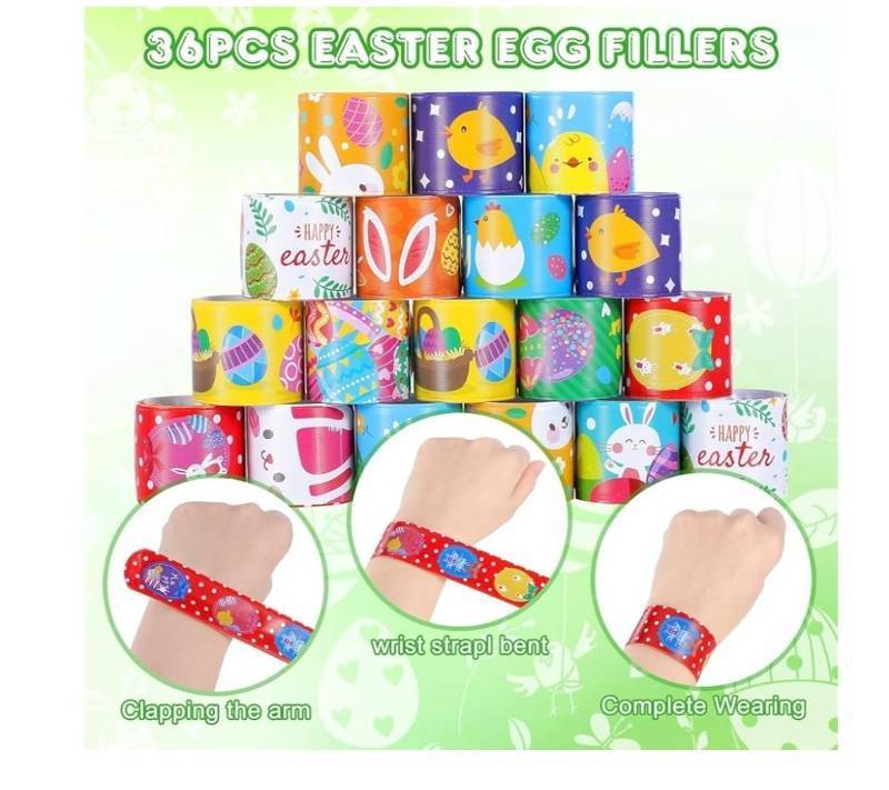 lot 62747 image: Easter Slap Bracelets for Kids 36PCS Easter Basket Stuffers for Kids Bulk Snap Bracelet Easter Party Favors Supplies Easter Egg Fillers Toys Goodie Bag Stuffers Toy Gifts for Student Classroom Prizes - Retail $12