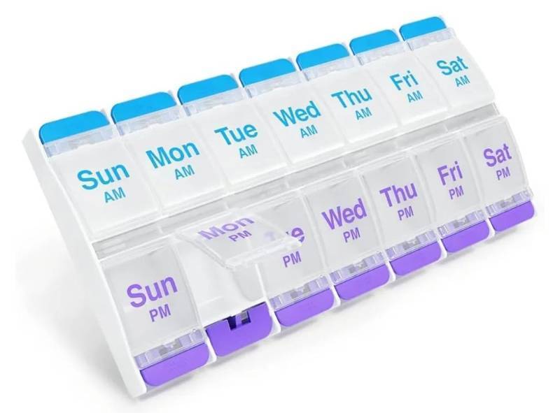 lot 62776 image: EZY DOSE Push Button (7-Day) Pill Case, Medicine Planner, Daily Vitamin Organizer, 2 Times a Day AMPM, X-Large Compartments, Arthritis Friendly, Easy to use, Clear Lids, Purple and Blue, BPA Free - Retail $7