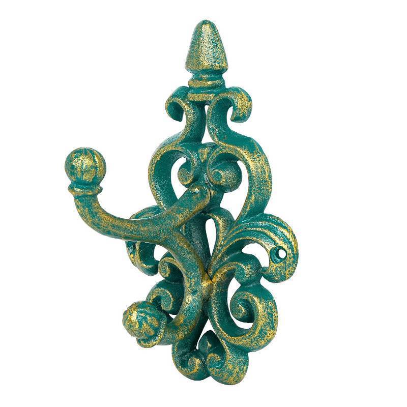 lot 62793 image: Vintage Cast Iron Double Wall Hook, Antique Green Ornate Scroll Hanging Hook for Coat, Hat, Towel - Shabby Chic Entryway, Bathroom, Bedroom & Kitchen D�cor - Retail $30