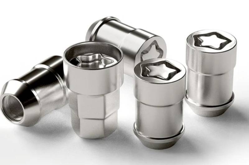 lot 62816 image: M12x1.5 Acorn Cone Seat Wheel Lock Set, Chrome Lug Nuts, 4 PCS Locks and 1 Key - Retail $20