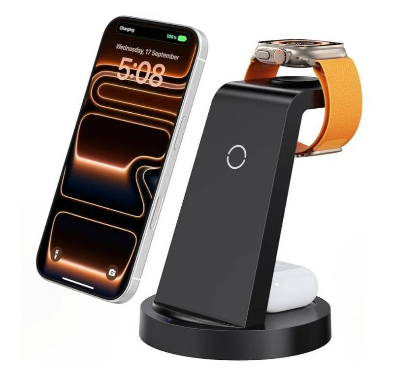 lot 62820 image: 3 in 1 Charging Station for iPhone, Wireless Charger for iPhone 17 16e 16 15 14 13 12 11 X Pro Max & Apple Watch - Wireless Charging Station for AirPods 4 3 Pro - Retail $30