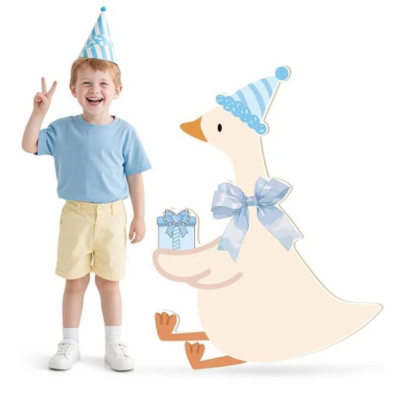lot 62836 image: One Silly Goose Birthday Decorations, 1st Silly Goose Party Cardboard Cutout 35.4 Life-Size Stand-up Animal Photo Prop Backdrop Background for Birthday Farm Baby Shower Party Supply (Blue) - Retail $25