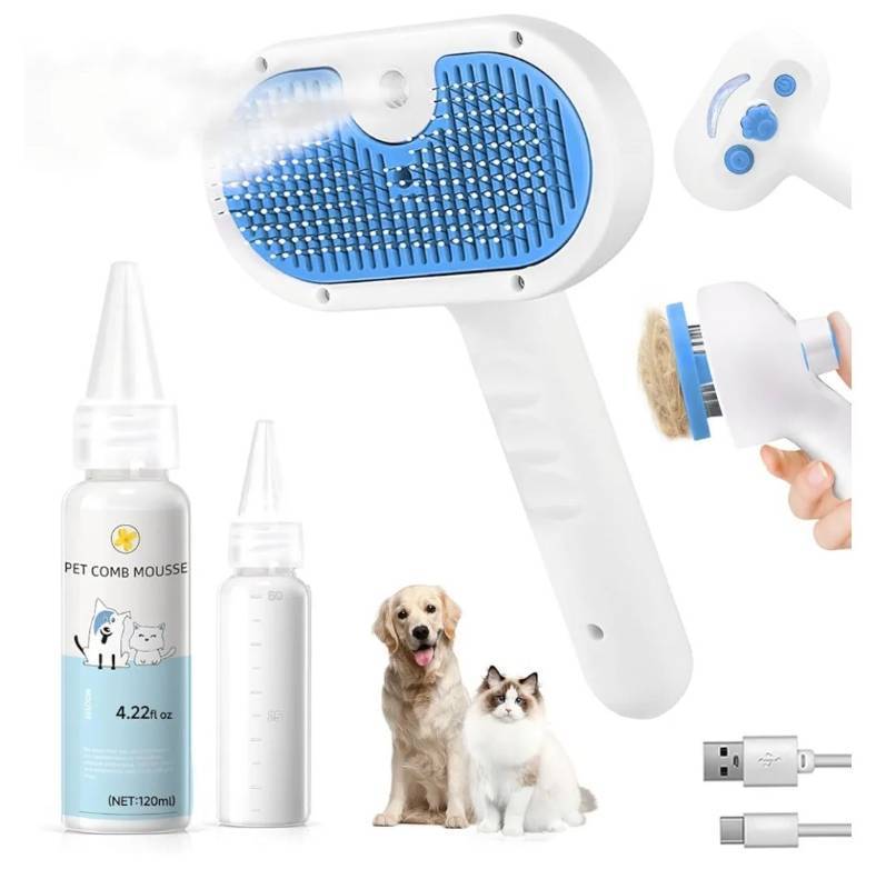 lot 62847 image: Pet Steam Brush for Dog & Cat - 3-in-1 Steam Grooming Brush for Shedding & Hair Removal - Self Cleaning Spray Comb with Mist for Long Haired Pets - Includes 1Waterless Shampoo, Blue. - Retail $30